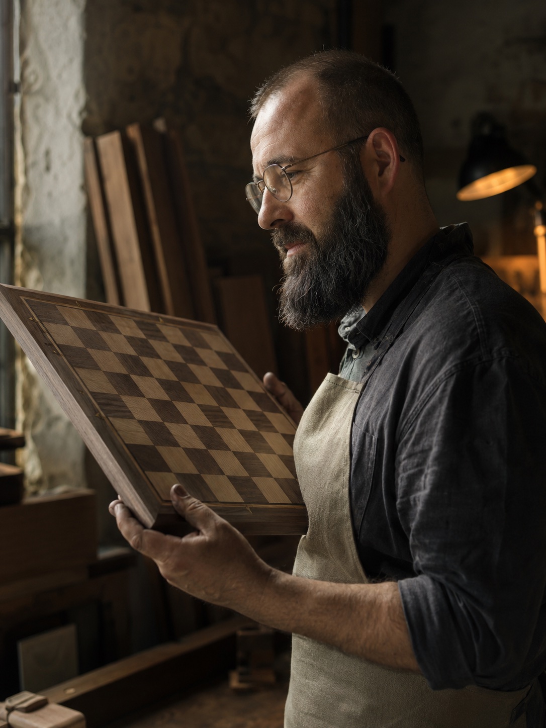 The Dechamel maker inspecting a finished walnut and maple chess board by north-window light.