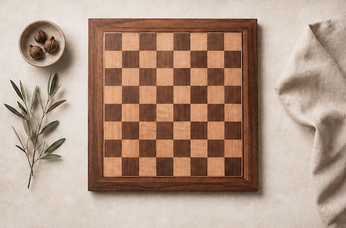 Overhead still life of a Dechamel walnut board beside a sprig of olive and a small wooden bowl